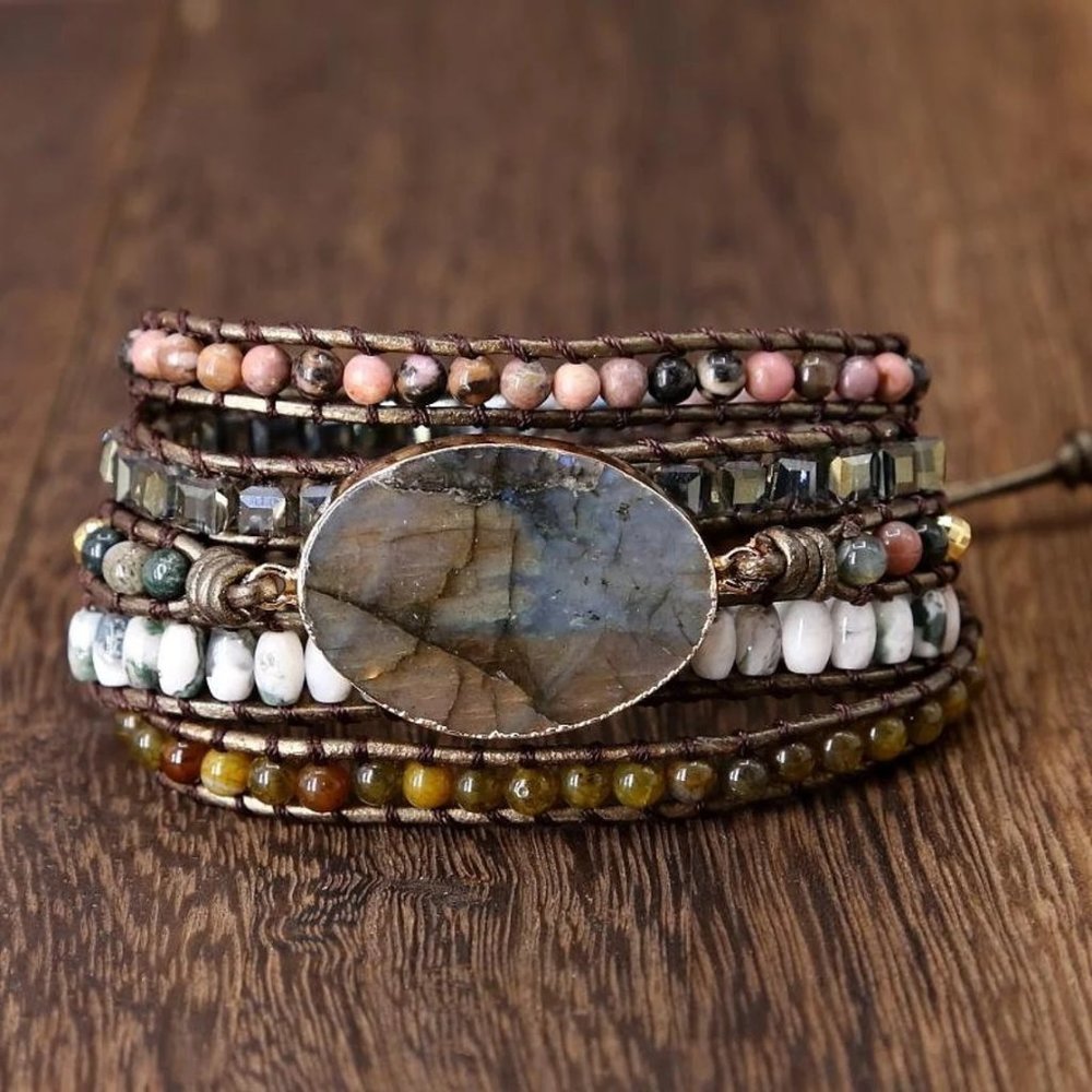 Natural Labradorite Stone Crystal Leather Braided Bracelet